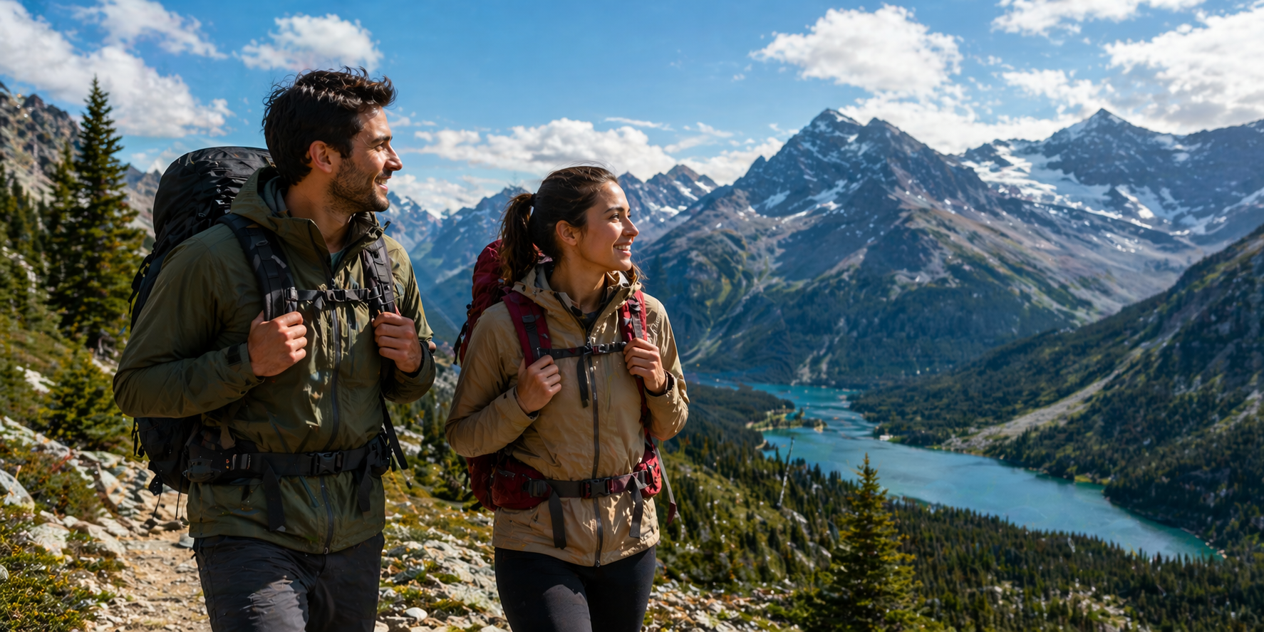 Two hikers with backpacks standing on a mountain trail with a scenic view of a lake and mountains.