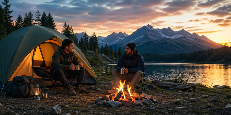 Two people camping by a lake with mountains in the background during sunset.